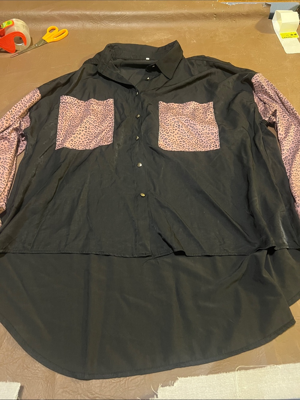 Womens Black Button-Up Shirt with brown Leopard Pockets and Sleeves